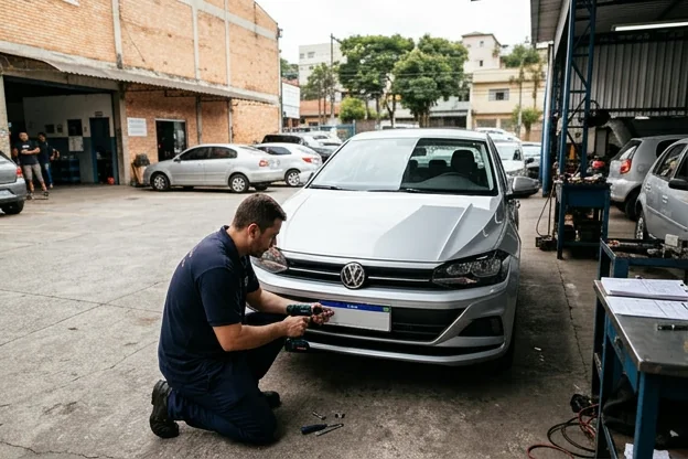 Profissional realizando emplacamento de um novo veículo.