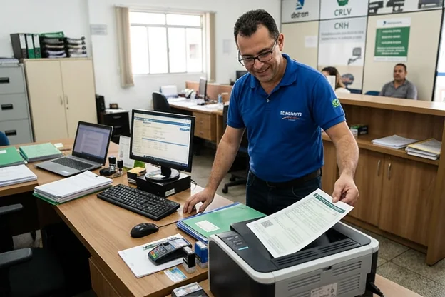 Profissional utilizando equipamento para imprimir o CRLV-e.